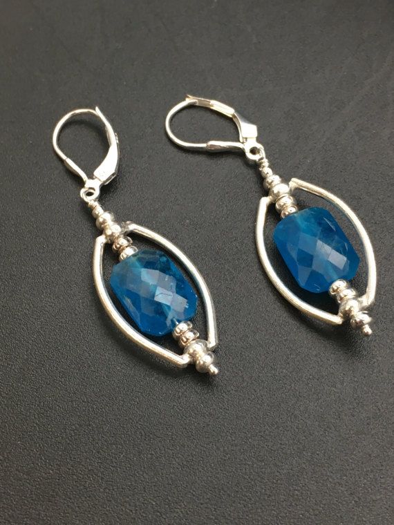 Neon Apatite Earrings, Teal Gemstone Earrings, .999 Fine Silver