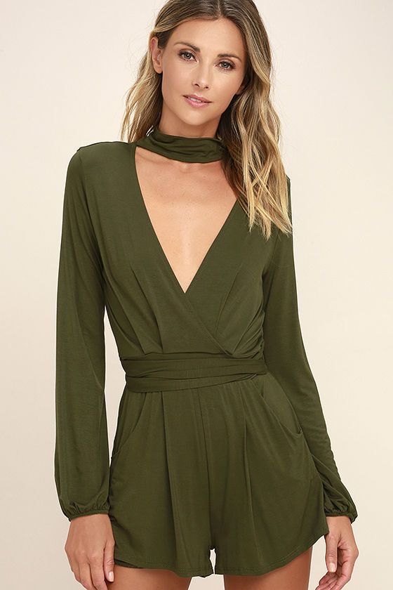 Somewhere Tonight Olive Green Long Sleeve Romper | Clothes | Rompers