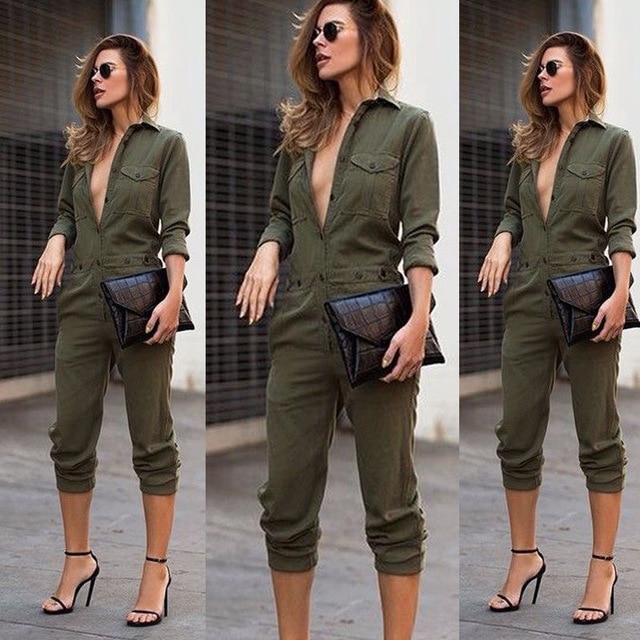 Sexy Women New Fashion Slim Bodycon Jumpsuit Long Sleeve Army Green