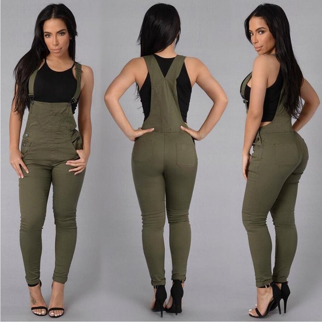 Fashion Denim Jumpsuit Army Green White One Piece Rompers Womens