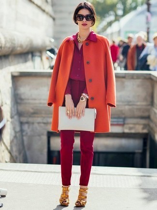 Women's Orange Coat, Burgundy Dress Shirt, Burgundy Skinny Pants