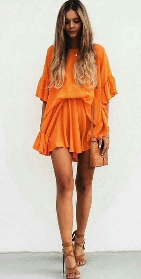 Orange dress. | Fashionista | Fashion, Outfits, Dresses