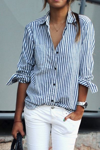 Blue White Stripes Long Sleeve Shirt | STYLE INSPO | Shirts, Collar