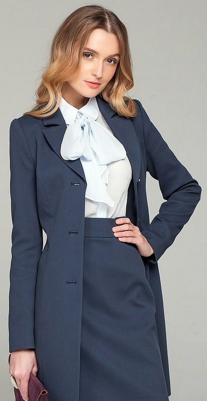 Dressed In Proper Work Outfit - Bow Blouse Pencil Skirt And Coat