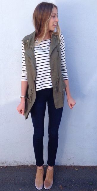 Olive Green cargo vest and shirt sleeved striped shirt with denim