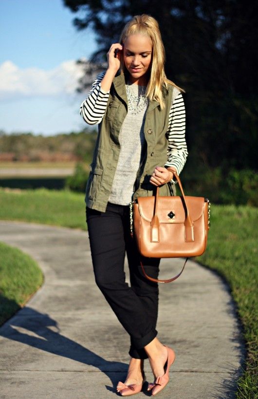 Striped Top J Crew & Military Vest | My Style/Pop of Style