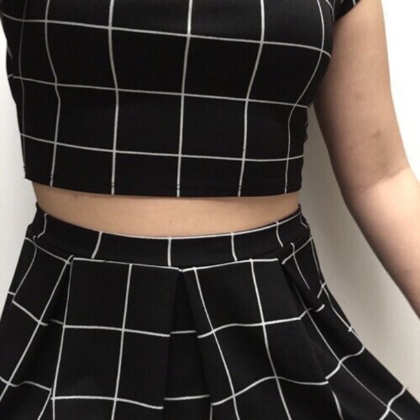 pattern, black, crop tops, skirt, cute, lovely, back to school