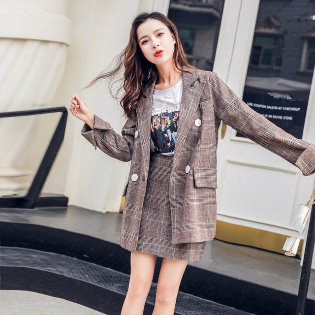 New 2018 Autumn Women Two Piece Vintage Double Breasted Blazer and