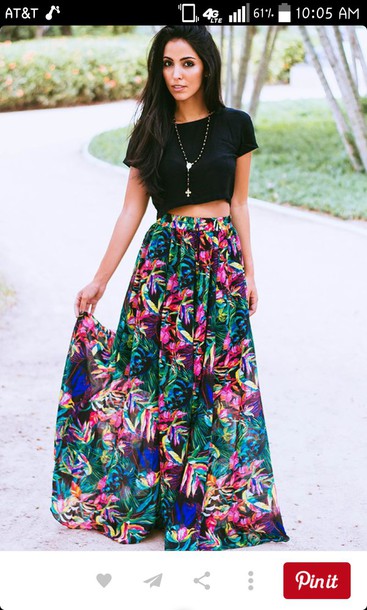 skirt, floral skirt, black crop top, maxi skirt, flowy, colorful