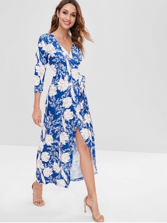 2019 Floral Long Wrap Dress In BLUE XL | ZAFUL