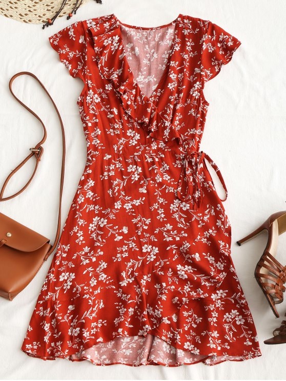 HOT] 2019 Tiny Floral Ruffle Mini Wrap Dress In BRICK-RED L | ZAFUL
