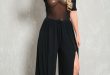 Sexy Black Front Slit Pant Two Piece Outfit