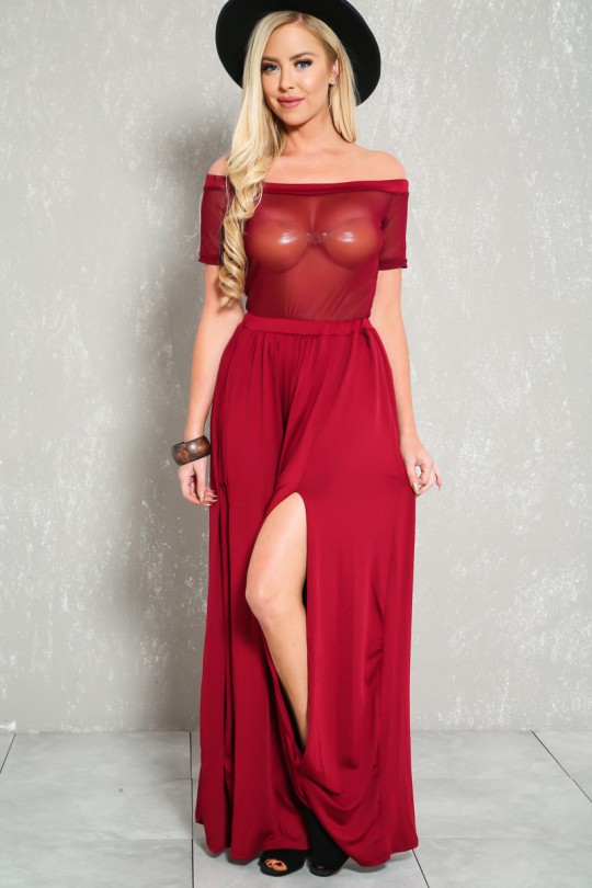 Sexy Wine Front Slit Pant Two Piece Outfit