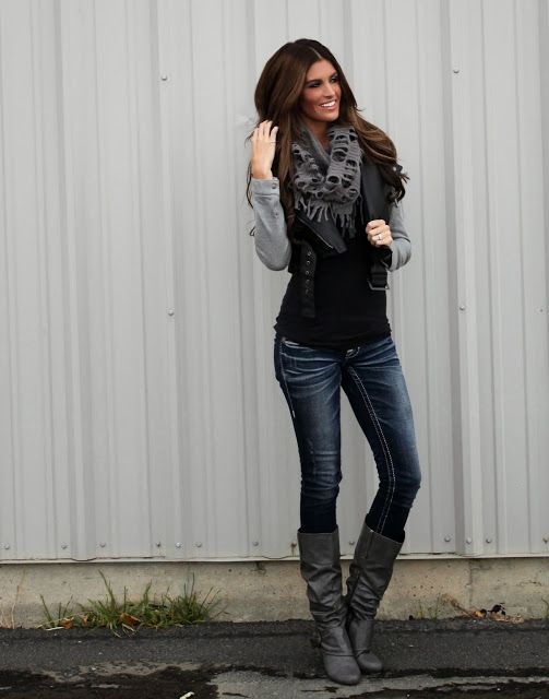 Edgy jacket, gray scarf, dark faded jeans, gray boots | Outfits