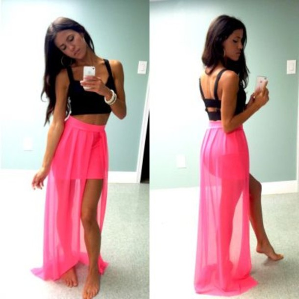 skirt, pink skirt, hot pink, high low skirt, cute outfits, shirt