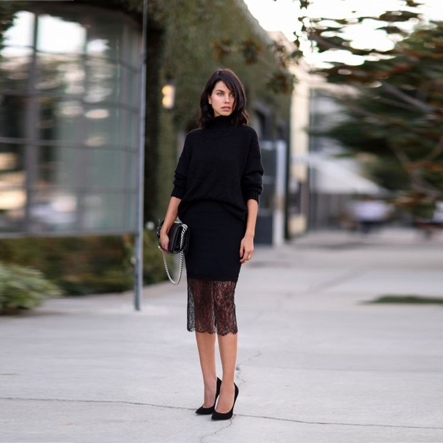 Top Fashion Street Style Skirt Black Lace Pencil Mid Calf Sheath