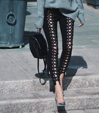 Cool Street Style Skinny Leather Lace Up Front Pants With Metallic
