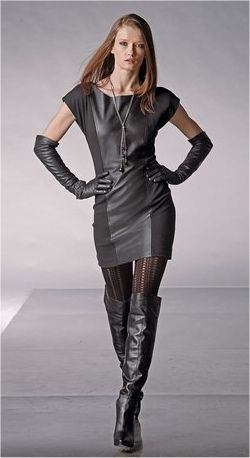 Leather dress, long leather gloves and tall leather bootsnice