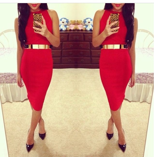 red dress w/ gold belt | tanika | Dresses, Fashion, Fashion dresses
