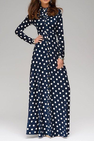 Vintage Stand-Up Collar Long Sleeve Polka Dot Prom Maxi Dress For