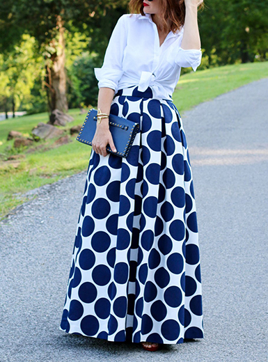 Women's Gathered Polka Dot Vintage Maxi Skirt - Navy Blue / White