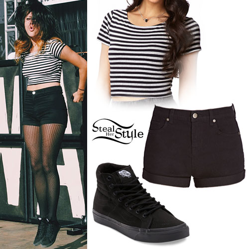 Tay Jardine: Striped Crop Top, Black Shorts | Steal Her Style