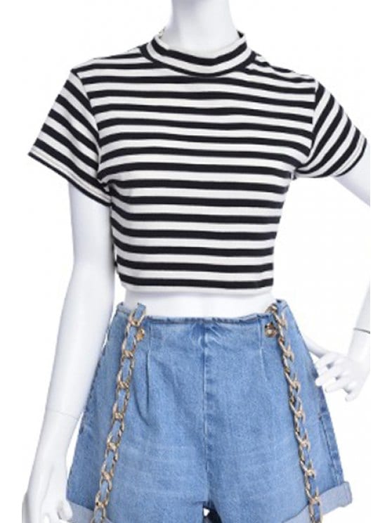 2019 Turtle Neck Striped Crop Top In WHITE AND BLACK S | ZAFUL