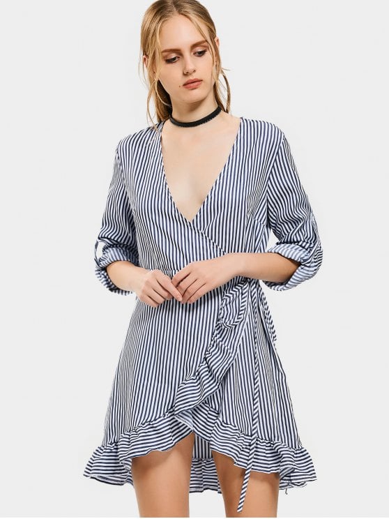 2019 Plunging Neck Ruffled Striped Wrap Dress In STRIPE XL | ZAFUL