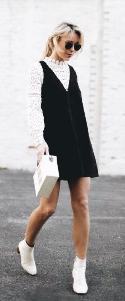 layering goals; white lace shirt under black suede dress | Wardrobe