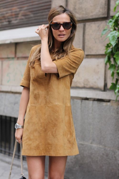 justthedesign: Suede Dress Outfit: Silvia Zamora is wearing a camel