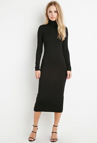 A midi-length turtleneck dress with long sleeves. Must be part of