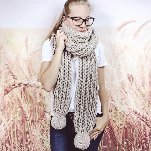 Womens Oversized Extra Long Knitted Boho Scarf with Pom Poms in