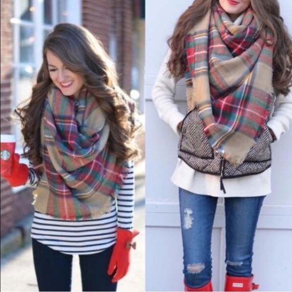 Accessories | Blanket Scarf Oversized Plaid Tan Red Green Fall