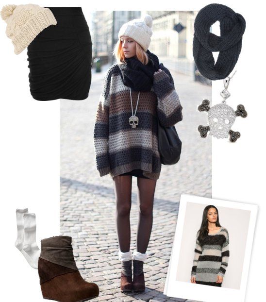 Winter Street Style Look Featuring Striped Sweater and Wedge Boots