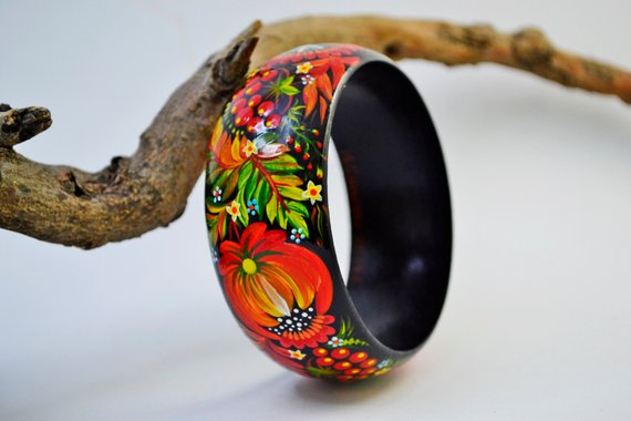 Hand painted Bracelet Wooden Bangle Ukrainian folk style | Etsy