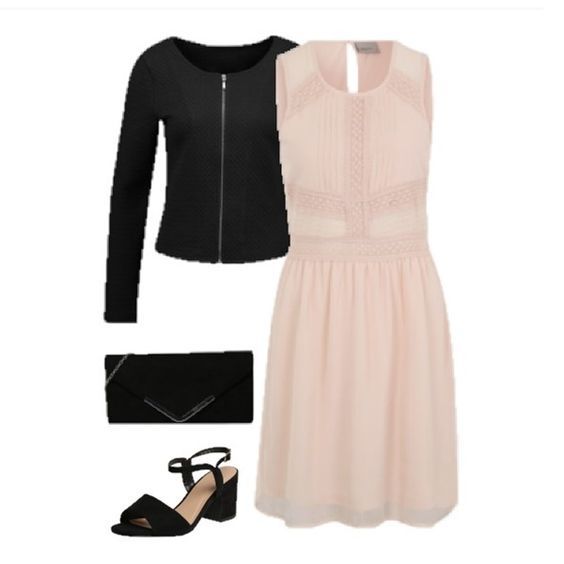 Light pink/ pale pink/ blush dress+black heeled sandals+black blazer