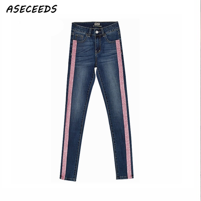 Spring 2018 Jeans Woman Side Pink Striped Patchwork Denim Jeans