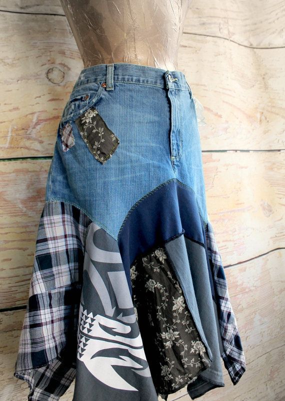 Plus Size Jean Skirt Hippie Women Clothes Patchwork Plaid Boho Chic