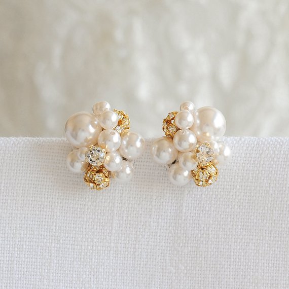 Gold Pearl Cluster Wedding Earrings Bridal Earrings | Etsy