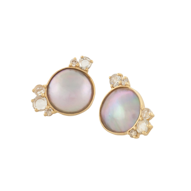 Mabe Pearl and Diamond Cluster Earrings