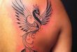 Amazing Black Girly Phoenix Tattoo On Girl Right Back Shoulder