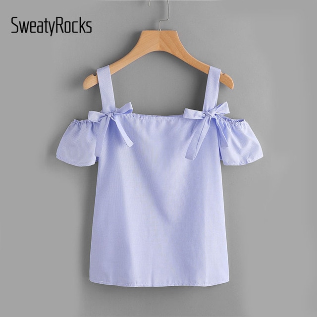 SweatyRocks Pinstriped Bow Tie Detail Top Summer White And Blue