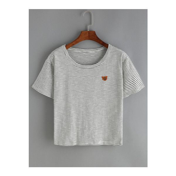SheIn(sheinside) Pinstriped Bear Patch T-Shirt ($9.90) ❤ liked on