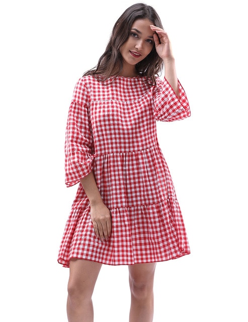 Stylish And Comfortable Women Oversized Red Plaid Dress Summer