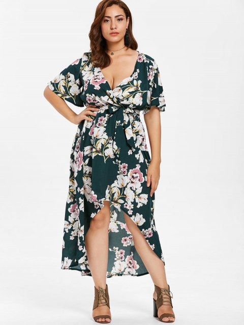LIMITED OFFER] 2019 Floral Print Plus Size High Low Dress In DARK