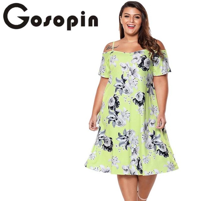 Gosopin Floral Print Summer Dress Plus Size Casual Cold Shoulder