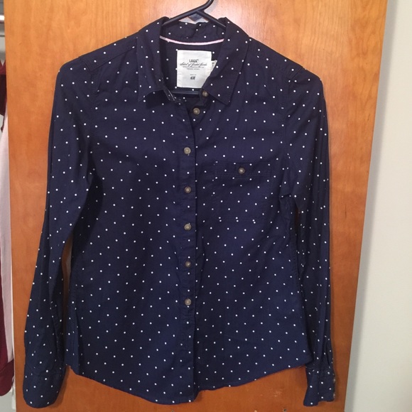H&M Tops | Hm Navy Blue Button Down Shirt Cute Polka Dots | Poshmark
