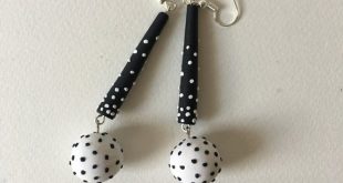 White black polka dot long dangle earrings/polymer clay | Etsy
