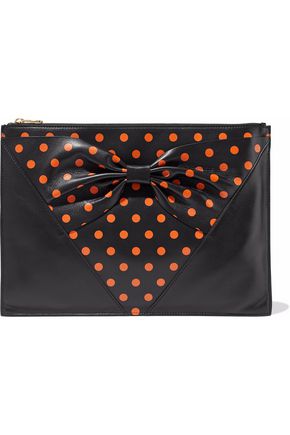 Shop Red Valentino Bow-Embellished Polka-Dot Leather Clutch In Black