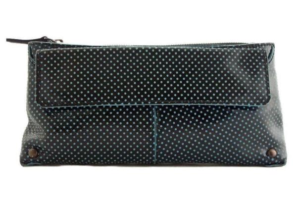ST JOHN SPORT Black & Blue Polka Dot Leather Small Clutch Handbag